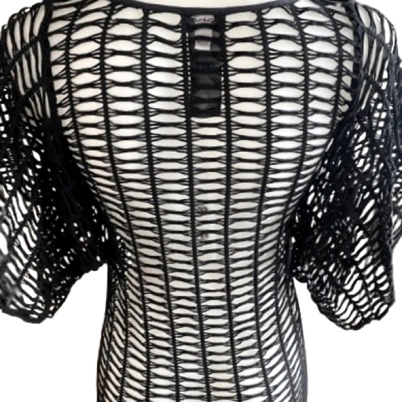 Bebe Solid Black Mesh Fishnet Bat Wing Sleeves Mini Dress / Swim Cover Up Small - Picture 12 of 13